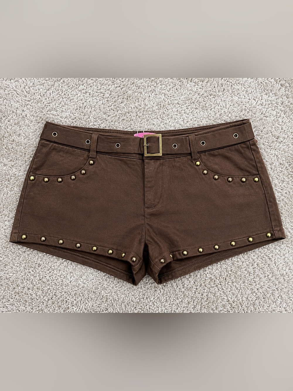 NWT Edikted Brown Studded Faux Suede Micro Shorts Belted Y2K Size Small